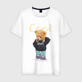 Мужская футболка хлопок с принтом Плюшевый медвежонок в наушниках в Новосибирске, 100% хлопок | прямой крой, круглый вырез горловины, длина до линии бедер, слегка спущенное плечо. | Тематика изображения на принте: 