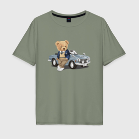 Мужская футболка хлопок Oversize с принтом Плюшевый медвежонок и автомобиль в Курске, 100% хлопок | свободный крой, круглый ворот, “спинка” длиннее передней части | Тематика изображения на принте: 