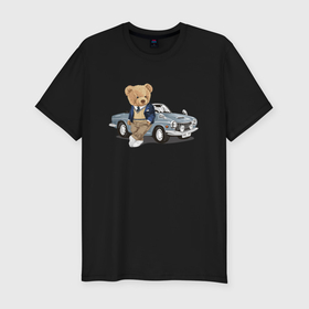 Мужская футболка хлопок Slim с принтом Плюшевый медвежонок и автомобиль в Курске, 92% хлопок, 8% лайкра | приталенный силуэт, круглый вырез ворота, длина до линии бедра, короткий рукав | 