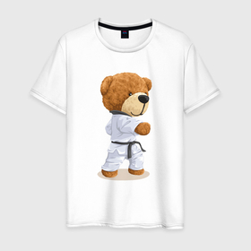 Мужская футболка хлопок с принтом Плюшевый медведь в кимоно в Новосибирске, 100% хлопок | прямой крой, круглый вырез горловины, длина до линии бедер, слегка спущенное плечо. | Тематика изображения на принте: 