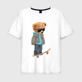 Мужская футболка хлопок Oversize с принтом Плюшевый мишка скейтер в Курске, 100% хлопок | свободный крой, круглый ворот, “спинка” длиннее передней части | Тематика изображения на принте: 