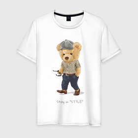 Мужская футболка хлопок с принтом Плюшевый медведь стильный в Новосибирске, 100% хлопок | прямой крой, круглый вырез горловины, длина до линии бедер, слегка спущенное плечо. | Тематика изображения на принте: 