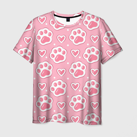 Мужская футболка 3D с принтом Кошачьи лапки и сердечки в Тюмени, 100% полиэфир | прямой крой, круглый вырез горловины, длина до линии бедер | Тематика изображения на принте: 