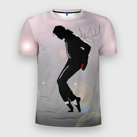 Мужская футболка 3D Slim с принтом Майкл Джексон под прожекторами    с автографом в Петрозаводске, 100% полиэстер с улучшенными характеристиками | приталенный силуэт, круглая горловина, широкие плечи, сужается к линии бедра | Тематика изображения на принте: 