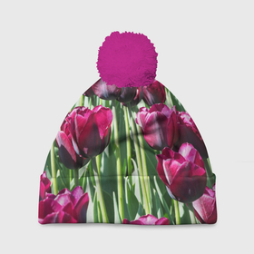 Шапка 3D c помпоном с принтом Темно бордовые тюльпаны в Петрозаводске, 100% полиэстер | универсальный размер, печать по всей поверхности изделия | Тематика изображения на принте: 