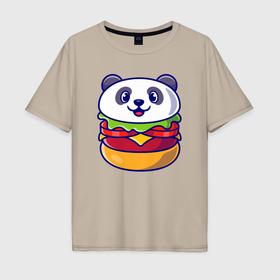 Мужская футболка хлопок Oversize с принтом Панда бургер в Санкт-Петербурге, 100% хлопок | свободный крой, круглый ворот, “спинка” длиннее передней части | Тематика изображения на принте: 