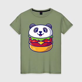 Женская футболка хлопок с принтом Панда бургер в Кировске, 100% хлопок | прямой крой, круглый вырез горловины, длина до линии бедер, слегка спущенное плечо | 