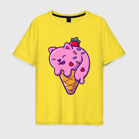 Мужская футболка хлопок Oversize с принтом Кот мороженое в Тюмени, 100% хлопок | свободный крой, круглый ворот, “спинка” длиннее передней части | 
