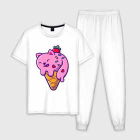 Мужская пижама хлопок с принтом Кот мороженое в Курске, 100% хлопок | брюки и футболка прямого кроя, без карманов, на брюках мягкая резинка на поясе и по низу штанин
 | 