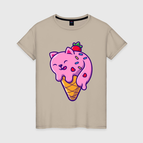 Женская футболка хлопок с принтом Кот мороженое в Тюмени, 100% хлопок | прямой крой, круглый вырез горловины, длина до линии бедер, слегка спущенное плечо | 
