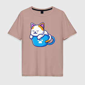 Мужская футболка хлопок Oversize с принтом Кошка в чашке в Екатеринбурге, 100% хлопок | свободный крой, круглый ворот, “спинка” длиннее передней части | 