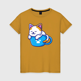 Женская футболка хлопок с принтом Кошка в чашке в Екатеринбурге, 100% хлопок | прямой крой, круглый вырез горловины, длина до линии бедер, слегка спущенное плечо | 