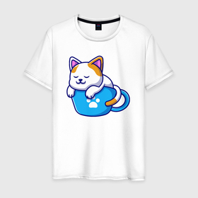 Мужская футболка хлопок с принтом Кошка в чашке в Екатеринбурге, 100% хлопок | прямой крой, круглый вырез горловины, длина до линии бедер, слегка спущенное плечо. | 