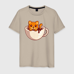Мужская футболка хлопок с принтом Котик в чашке кофе в Тюмени, 100% хлопок | прямой крой, круглый вырез горловины, длина до линии бедер, слегка спущенное плечо. | 