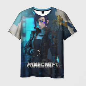 Мужская футболка 3D с принтом Minecraft cyberpunk woman в Екатеринбурге, 100% полиэфир | прямой крой, круглый вырез горловины, длина до линии бедер | 