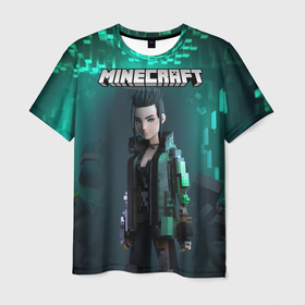Мужская футболка 3D с принтом Minecraft cyberpunk green neon в Екатеринбурге, 100% полиэфир | прямой крой, круглый вырез горловины, длина до линии бедер | 