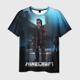 Мужская футболка 3D с принтом Minecraft cyberpunk style в Курске, 100% полиэфир | прямой крой, круглый вырез горловины, длина до линии бедер | 