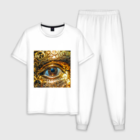 Мужская пижама хлопок с принтом Золотой глаз металлический в стиле стимпанк , 100% хлопок | брюки и футболка прямого кроя, без карманов, на брюках мягкая резинка на поясе и по низу штанин
 | 