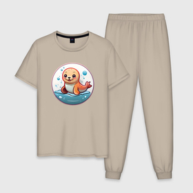 Мужская пижама хлопок с принтом Маленький милый тюлень в Тюмени, 100% хлопок | брюки и футболка прямого кроя, без карманов, на брюках мягкая резинка на поясе и по низу штанин
 | 