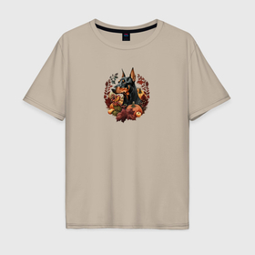 Мужская футболка хлопок Oversize с принтом Доберман осенний арт в Белгороде, 100% хлопок | свободный крой, круглый ворот, “спинка” длиннее передней части | Тематика изображения на принте: 
