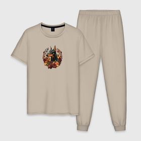 Мужская пижама хлопок с принтом Доберман осенний арт в Новосибирске, 100% хлопок | брюки и футболка прямого кроя, без карманов, на брюках мягкая резинка на поясе и по низу штанин
 | Тематика изображения на принте: 
