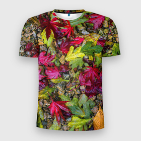 Мужская футболка 3D Slim с принтом Осенние листья разноцветные в Тюмени, 100% полиэстер с улучшенными характеристиками | приталенный силуэт, круглая горловина, широкие плечи, сужается к линии бедра | 
