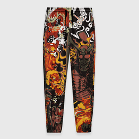 Мужские брюки 3D с принтом Драконы и самураи Японии в Белгороде, 100% полиэстер | манжеты по низу, эластичный пояс регулируется шнурком, по бокам два кармана без застежек, внутренняя часть кармана из мелкой сетки | 