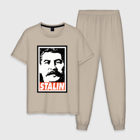 Мужская пижама хлопок с принтом USSR Stalin , 100% хлопок | брюки и футболка прямого кроя, без карманов, на брюках мягкая резинка на поясе и по низу штанин
 | 