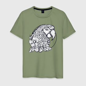 Мужская футболка хлопок с принтом Попугай и цветы в Курске, 100% хлопок | прямой крой, круглый вырез горловины, длина до линии бедер, слегка спущенное плечо. | 