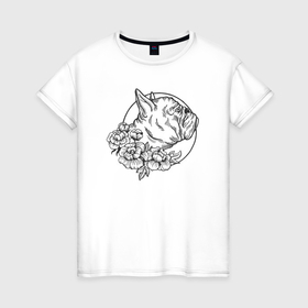 Женская футболка хлопок с принтом Бульдог и цветы , 100% хлопок | прямой крой, круглый вырез горловины, длина до линии бедер, слегка спущенное плечо | 