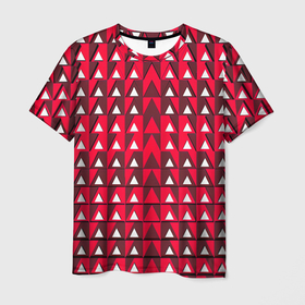 Мужская футболка 3D с принтом Белые треугольники на красном фоне в Кировске, 100% полиэфир | прямой крой, круглый вырез горловины, длина до линии бедер | Тематика изображения на принте: 
