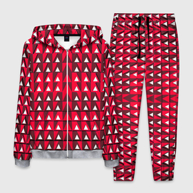 Мужской костюм 3D с принтом Белые треугольники на красном фоне в Новосибирске, 100% полиэстер | Манжеты и пояс оформлены тканевой резинкой, двухслойный капюшон со шнурком для регулировки, карманы спереди | 
