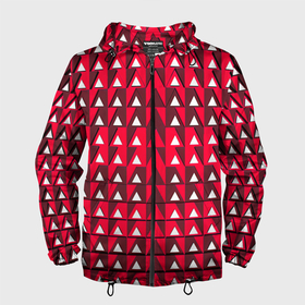 Мужская ветровка 3D с принтом Белые треугольники на красном фоне в Тюмени, 100% полиэстер | подол и капюшон оформлены резинкой с фиксаторами, два кармана без застежек по бокам, один потайной карман на груди | 
