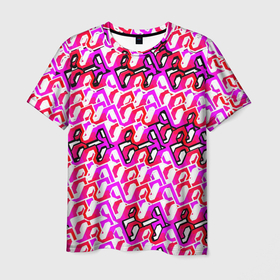 Мужская футболка 3D с принтом Розовый узор и белая обводка в Новосибирске, 100% полиэфир | прямой крой, круглый вырез горловины, длина до линии бедер | 