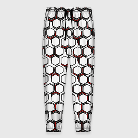 Мужские брюки 3D с принтом Киберпанк узор из шестиугольников красный в Кировске, 100% полиэстер | манжеты по низу, эластичный пояс регулируется шнурком, по бокам два кармана без застежек, внутренняя часть кармана из мелкой сетки | 