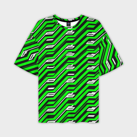 Мужская футболка oversize 3D с принтом Чёрно зелёный линейный узор киберпанк в Кировске,  |  | 
