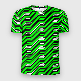 Мужская футболка 3D Slim с принтом Чёрно зелёный линейный узор киберпанк в Новосибирске, 100% полиэстер с улучшенными характеристиками | приталенный силуэт, круглая горловина, широкие плечи, сужается к линии бедра | 
