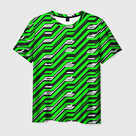 Мужская футболка 3D с принтом Чёрно зелёный линейный узор киберпанк в Кировске, 100% полиэфир | прямой крой, круглый вырез горловины, длина до линии бедер | 