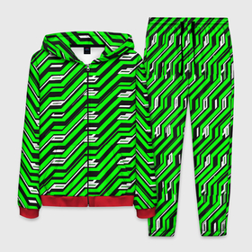 Мужской костюм 3D с принтом Чёрно зелёный линейный узор киберпанк в Кировске, 100% полиэстер | Манжеты и пояс оформлены тканевой резинкой, двухслойный капюшон со шнурком для регулировки, карманы спереди | 