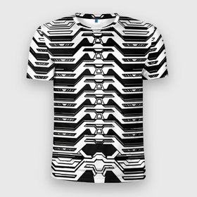 Мужская футболка 3D Slim с принтом Чёрно белая киберпанк броня в Екатеринбурге, 100% полиэстер с улучшенными характеристиками | приталенный силуэт, круглая горловина, широкие плечи, сужается к линии бедра | Тематика изображения на принте: 