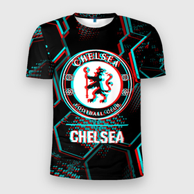Мужская футболка 3D Slim с принтом Chelsea FC в стиле glitch на темном фоне в Белгороде, 100% полиэстер с улучшенными характеристиками | приталенный силуэт, круглая горловина, широкие плечи, сужается к линии бедра | 