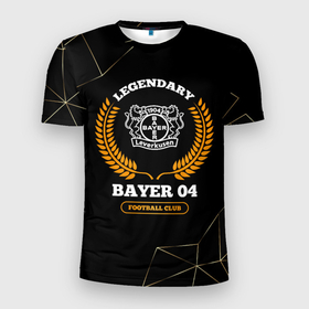 Мужская футболка 3D Slim с принтом Лого Bayer 04 и надпись legendary football club на темном фоне в Санкт-Петербурге, 100% полиэстер с улучшенными характеристиками | приталенный силуэт, круглая горловина, широкие плечи, сужается к линии бедра | 