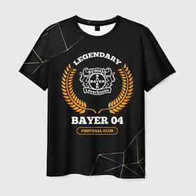 Мужская футболка 3D с принтом Лого Bayer 04 и надпись legendary football club на темном фоне , 100% полиэфир | прямой крой, круглый вырез горловины, длина до линии бедер | Тематика изображения на принте: 