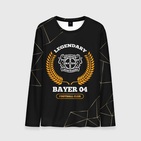Мужской лонгслив 3D с принтом Лого Bayer 04 и надпись legendary football club на темном фоне в Санкт-Петербурге, 100% полиэстер | длинные рукава, круглый вырез горловины, полуприлегающий силуэт | 