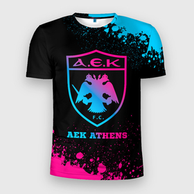 Мужская футболка 3D Slim с принтом AEK Athens   neon gradient в Курске, 100% полиэстер с улучшенными характеристиками | приталенный силуэт, круглая горловина, широкие плечи, сужается к линии бедра | 