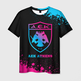Мужская футболка 3D с принтом AEK Athens   neon gradient , 100% полиэфир | прямой крой, круглый вырез горловины, длина до линии бедер | Тематика изображения на принте: 