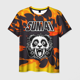 Мужская футболка 3D с принтом Sum41 рок панда и огонь в Петрозаводске, 100% полиэфир | прямой крой, круглый вырез горловины, длина до линии бедер | 