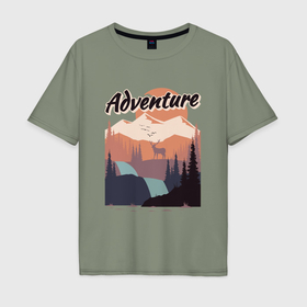 Мужская футболка хлопок Oversize с принтом Олень река горы , 100% хлопок | свободный крой, круглый ворот, “спинка” длиннее передней части | 