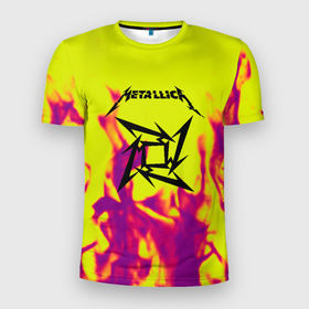 Мужская футболка 3D Slim с принтом Металлика огненный стиль бенд в Кировске, 100% полиэстер с улучшенными характеристиками | приталенный силуэт, круглая горловина, широкие плечи, сужается к линии бедра | 