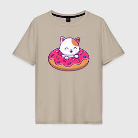Мужская футболка хлопок Oversize с принтом Котик и пончик , 100% хлопок | свободный крой, круглый ворот, “спинка” длиннее передней части | 